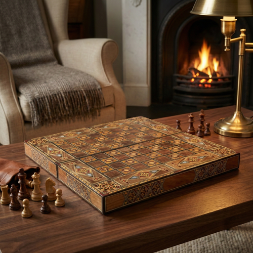 Handcrafted Damascene Backgammon & Chess Board (40cm)